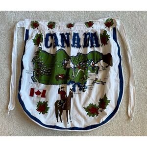 Vintage Kitchen Half Apron Canada Souvenir Map Mountie Hockey Cotton Linen 60's